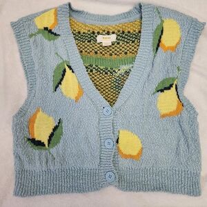 Anthropologie Maeve Melanie Shrunken Cardigan Blue Lemon Sweater Vest Size Small